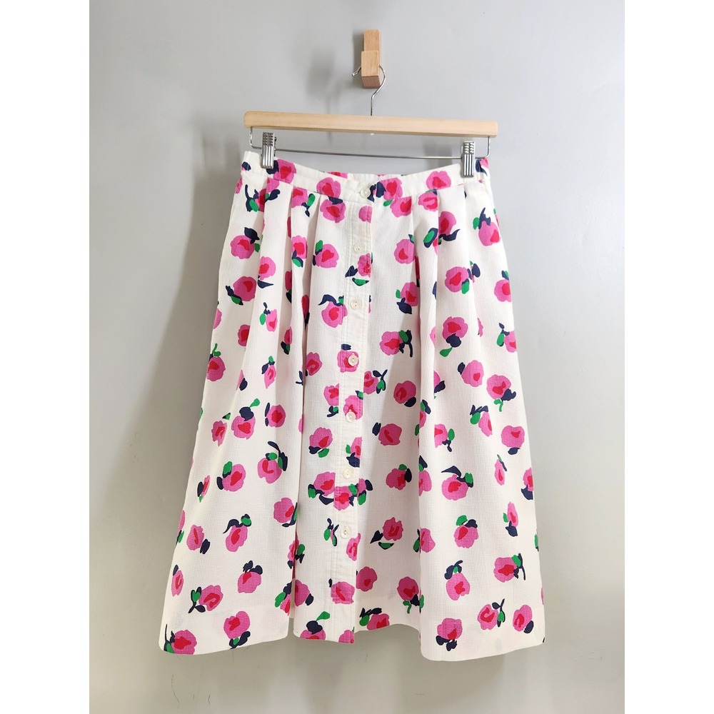 Margaret Smith Vintage Midi Skirt Womens S White Pink Floral Button Front Boho